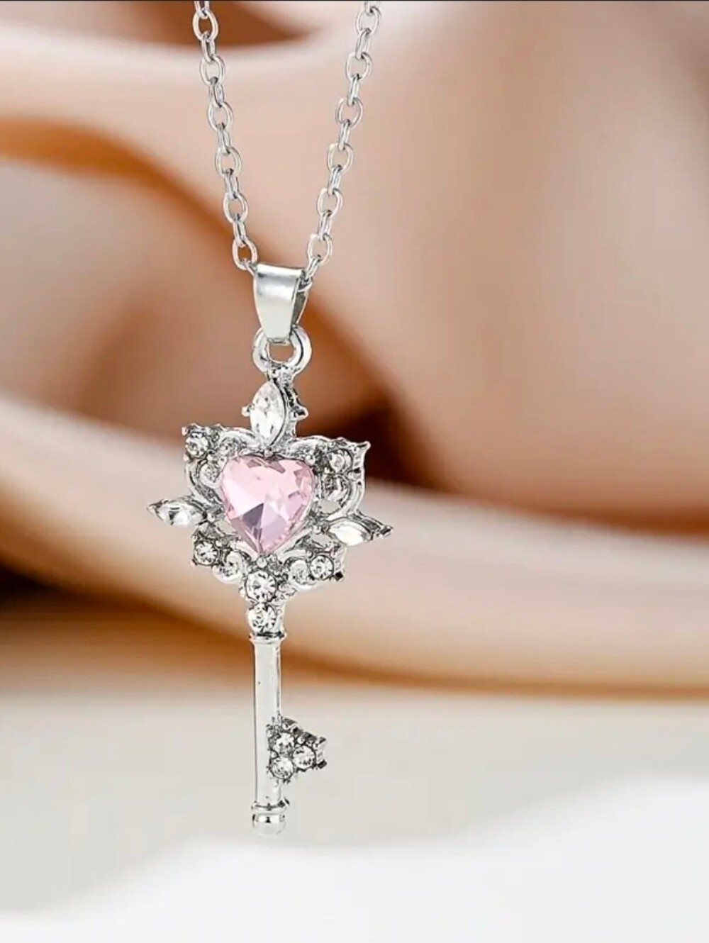 $8 Each Or Bundle 5/$20 Silver Key Pendant Necklace with Pink Heart Crystal